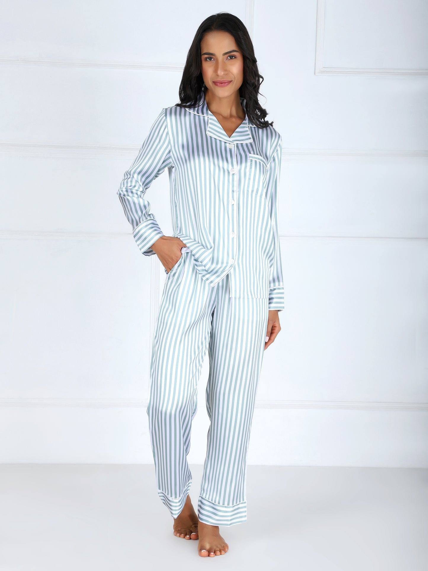 Striped Premium Satin Set in Sea Green