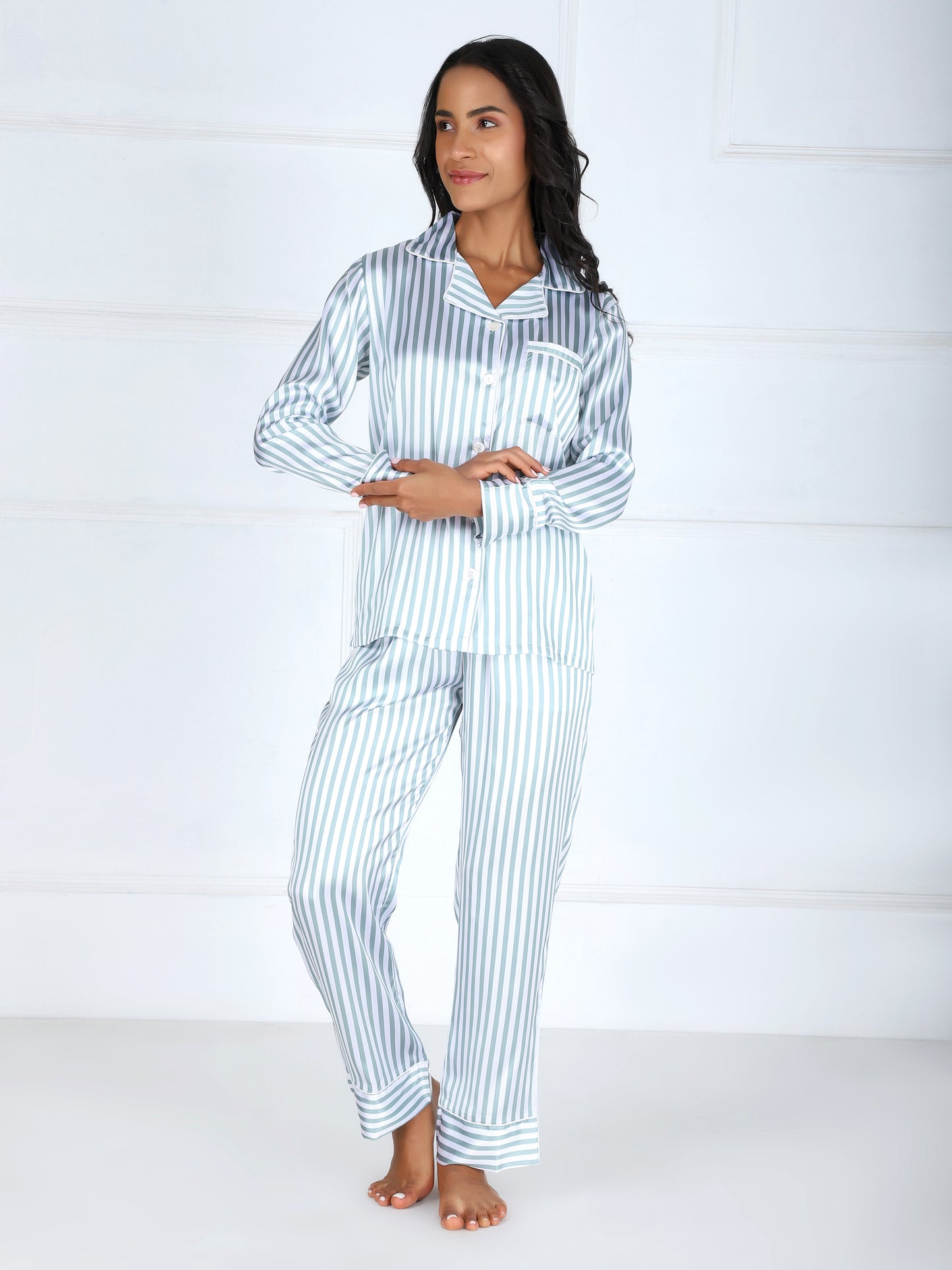 Striped Premium Satin Set in Sea Green