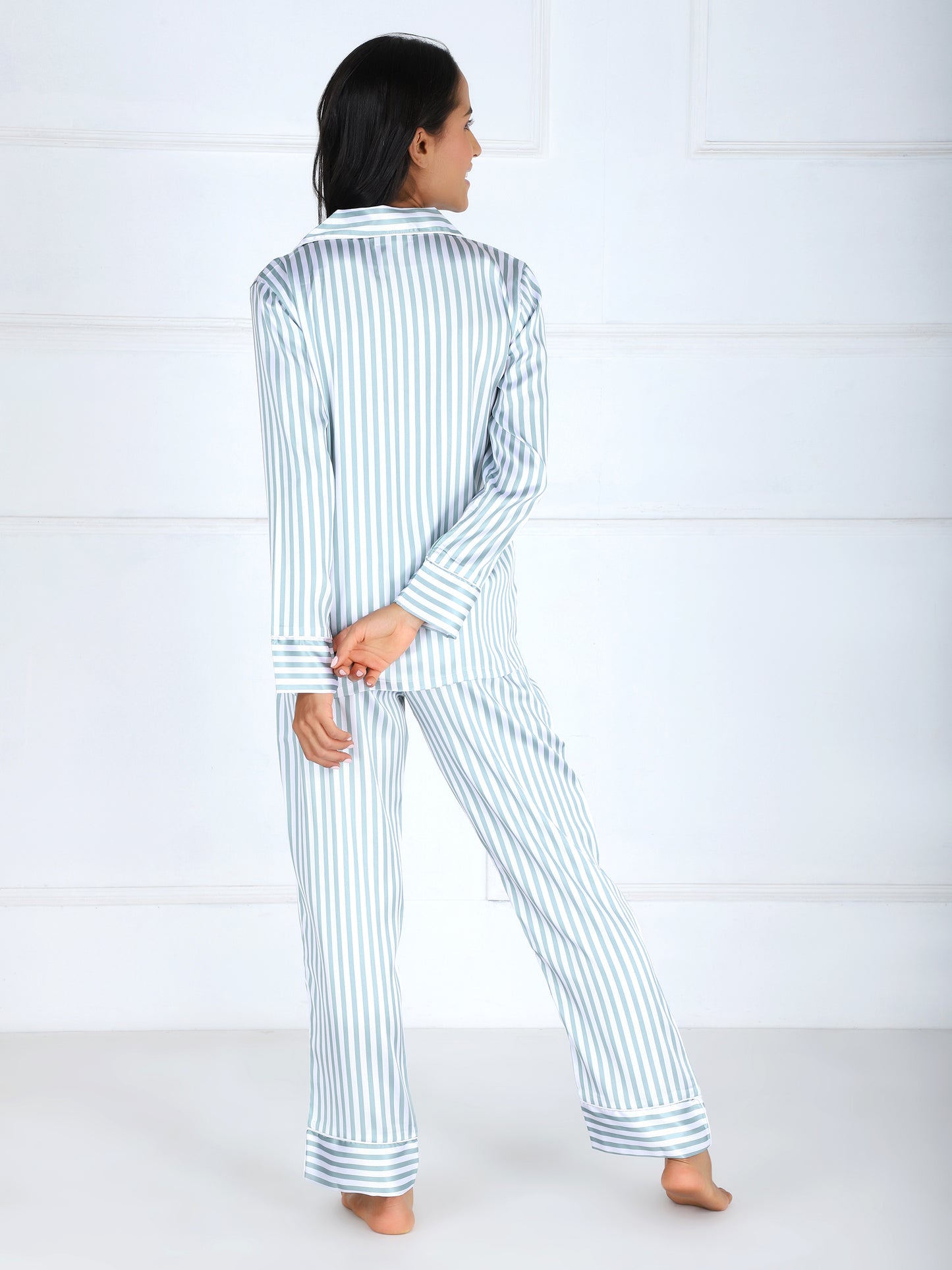 Striped Premium Satin Set in Sea Green