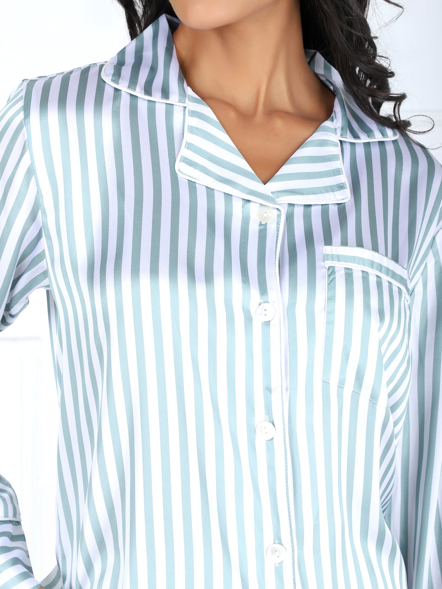 Striped Premium Satin Set in Sea Green