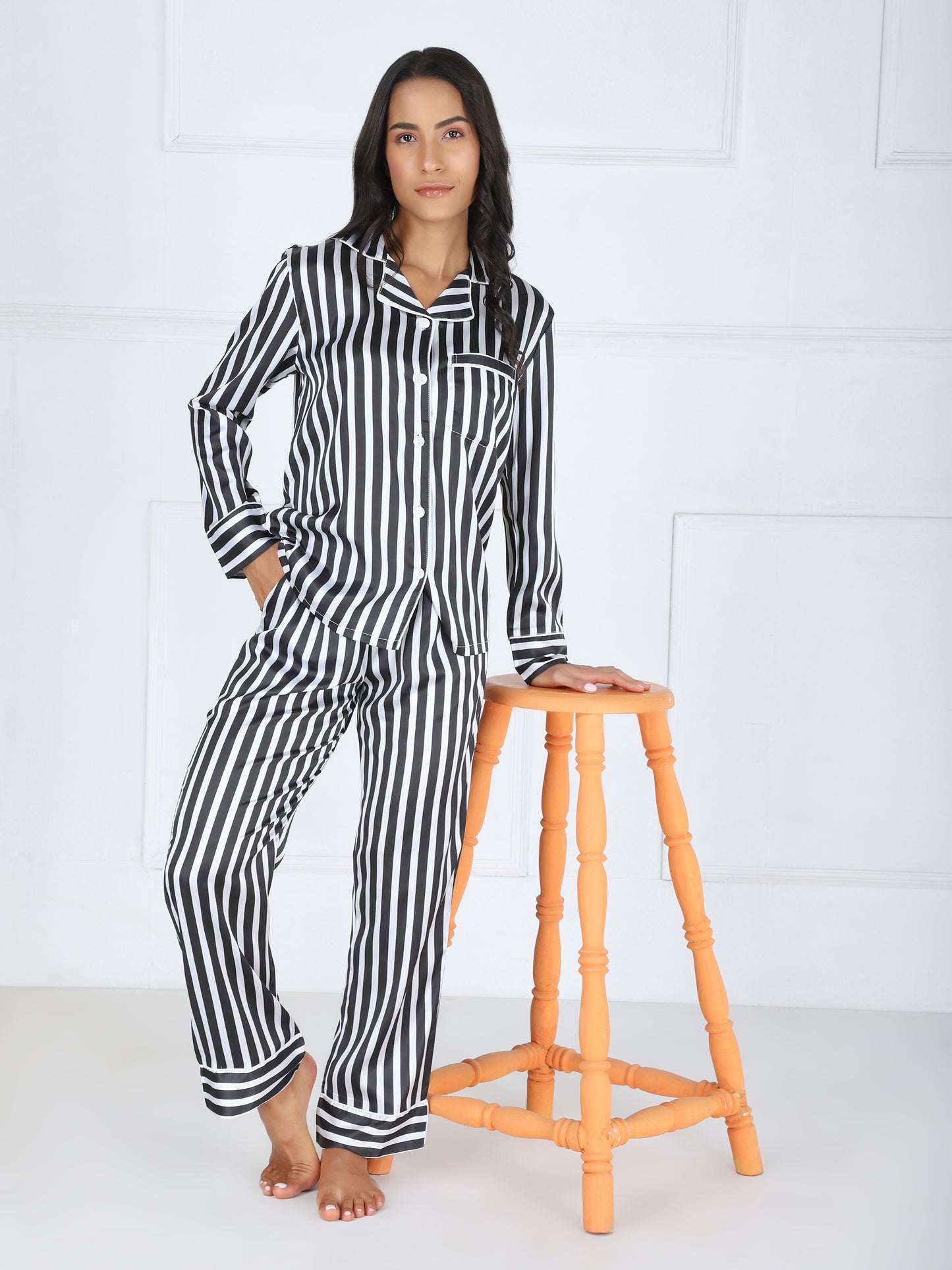 Striped Premium Satin Set in Black
