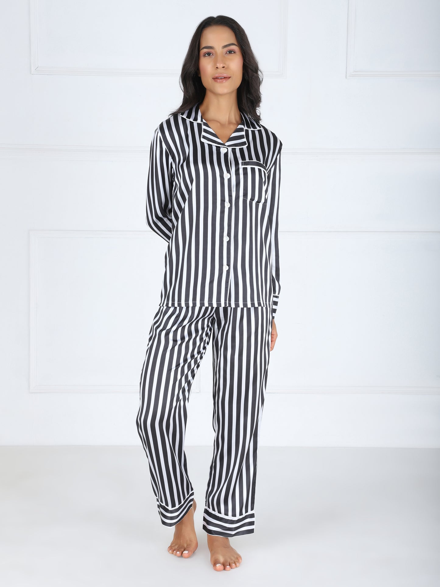 Striped Premium Satin Set in Black