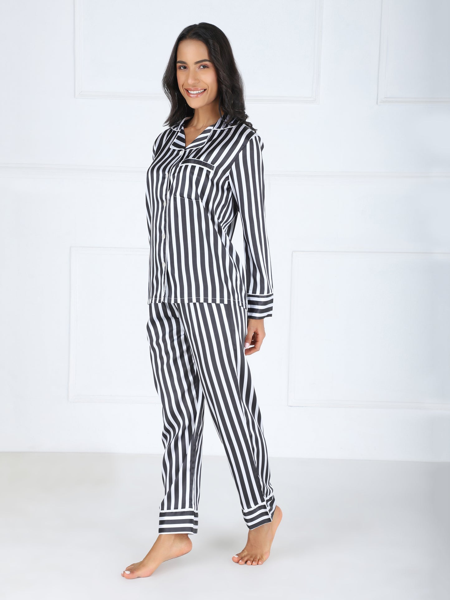 Striped Premium Satin Set in Black