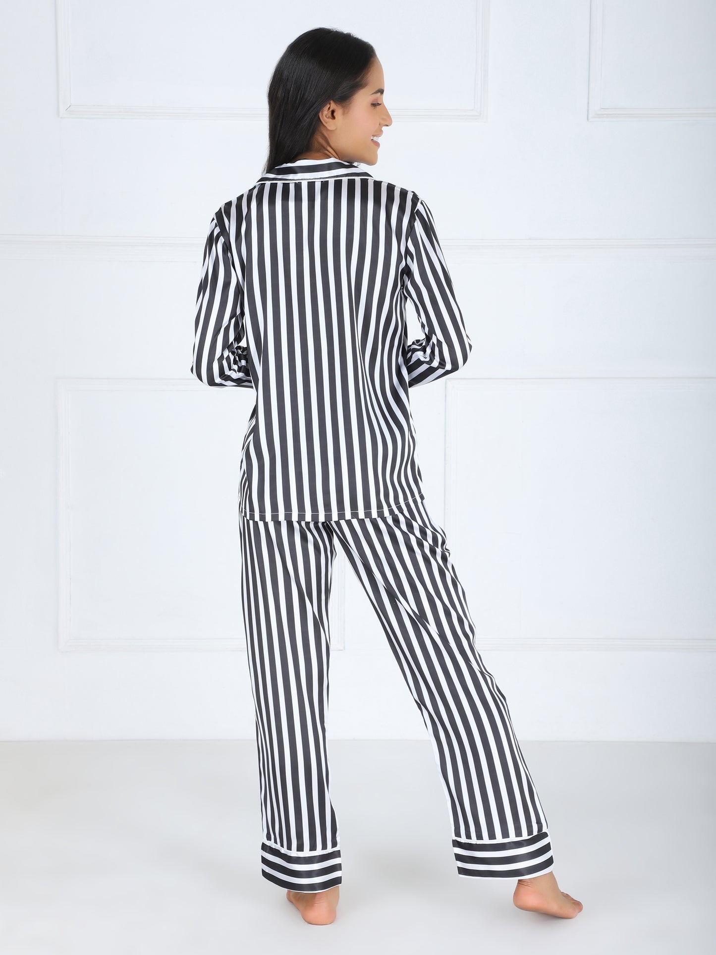 Striped Premium Satin Set in Black