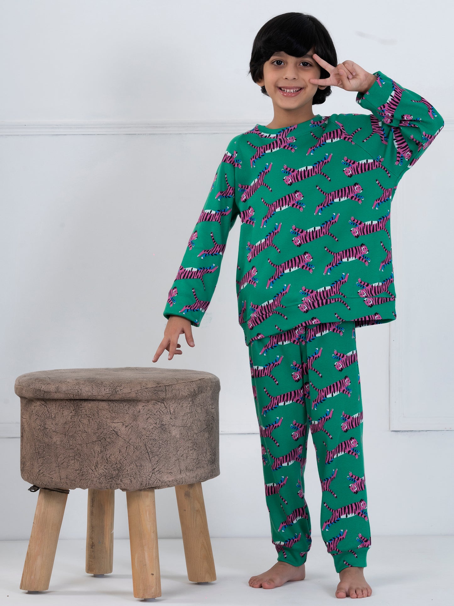 Green Tiger Print Kids Set