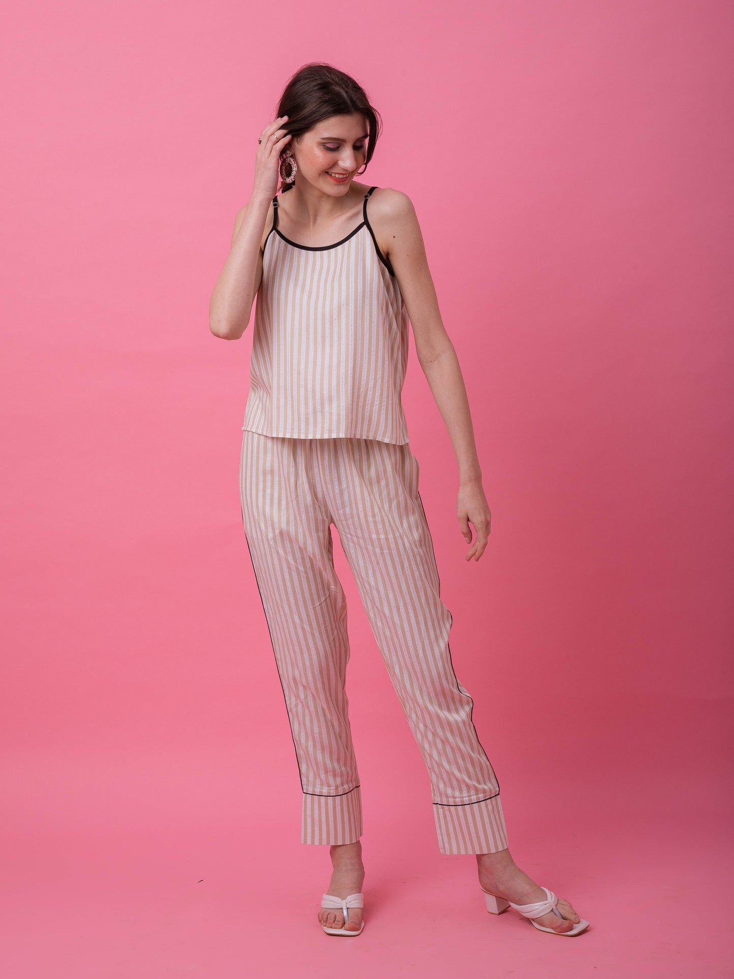 Beige Lurex Camisole Stripe Set