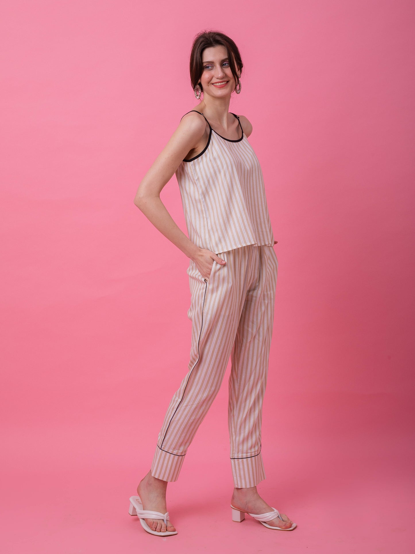 Beige Lurex Camisole Stripe Set