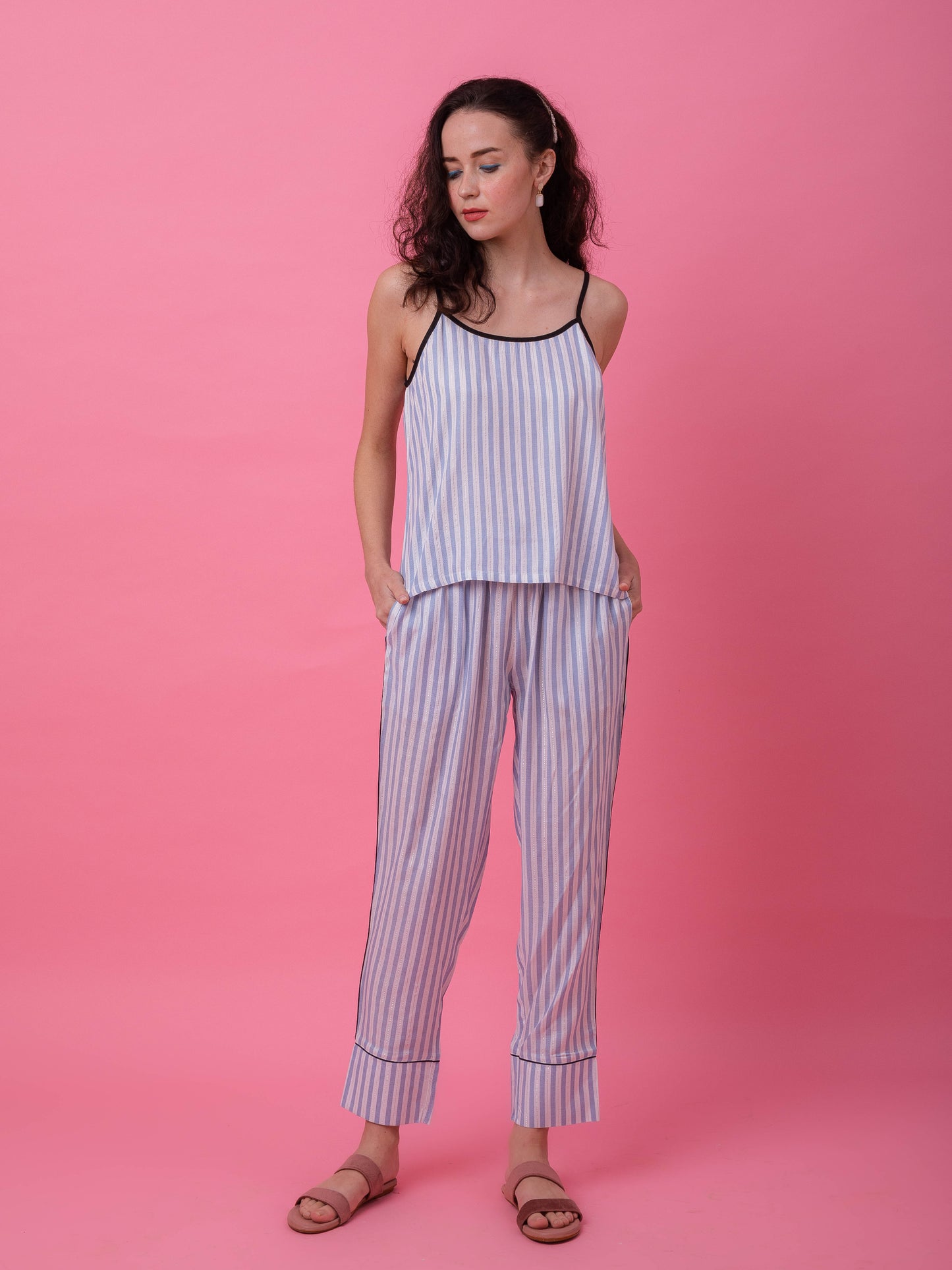 Blue Lurex Camisole Stripe Set