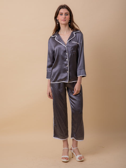 Grey Satin with White Piping PJ Set