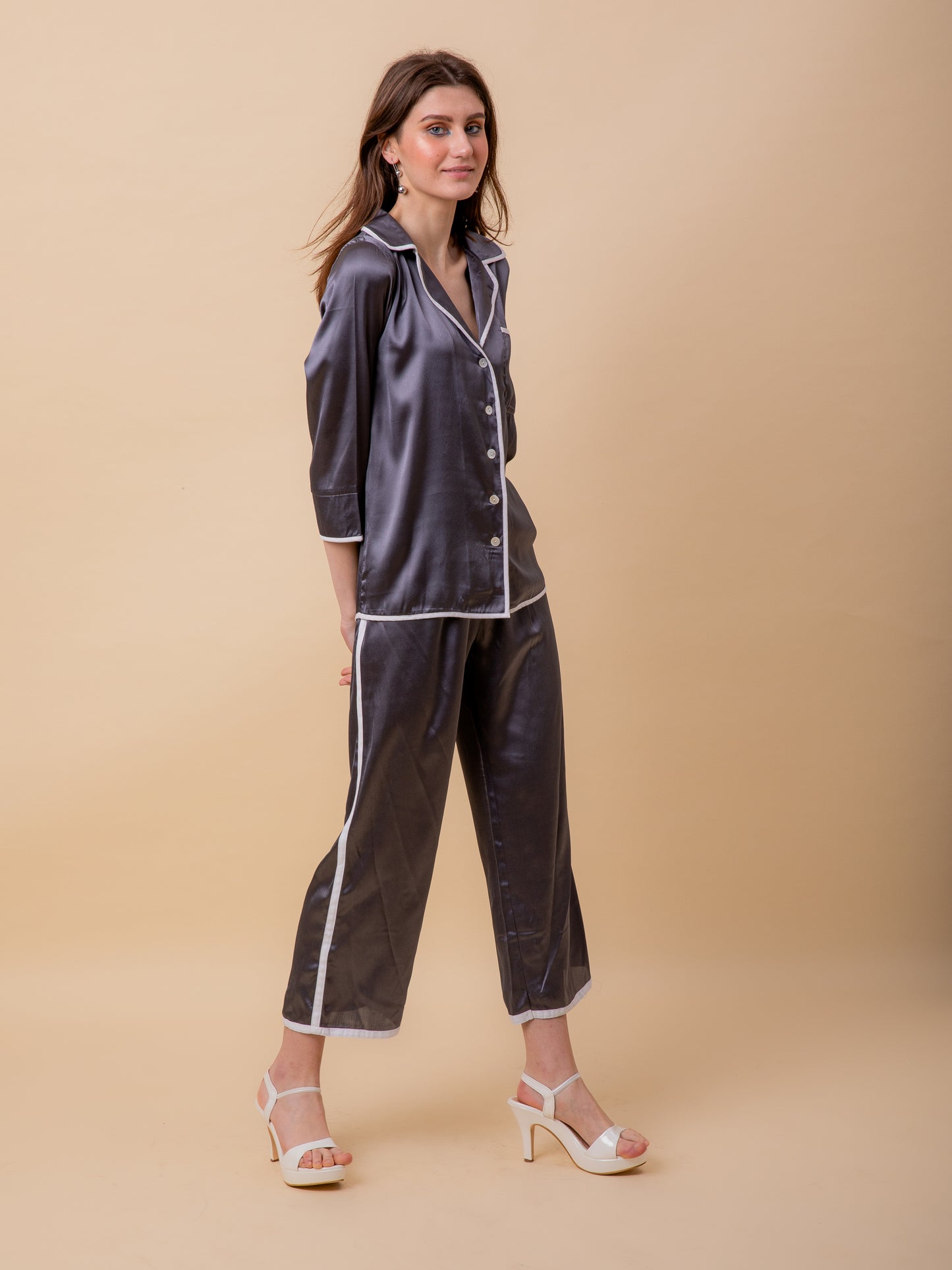 Grey Satin with White Piping PJ Set