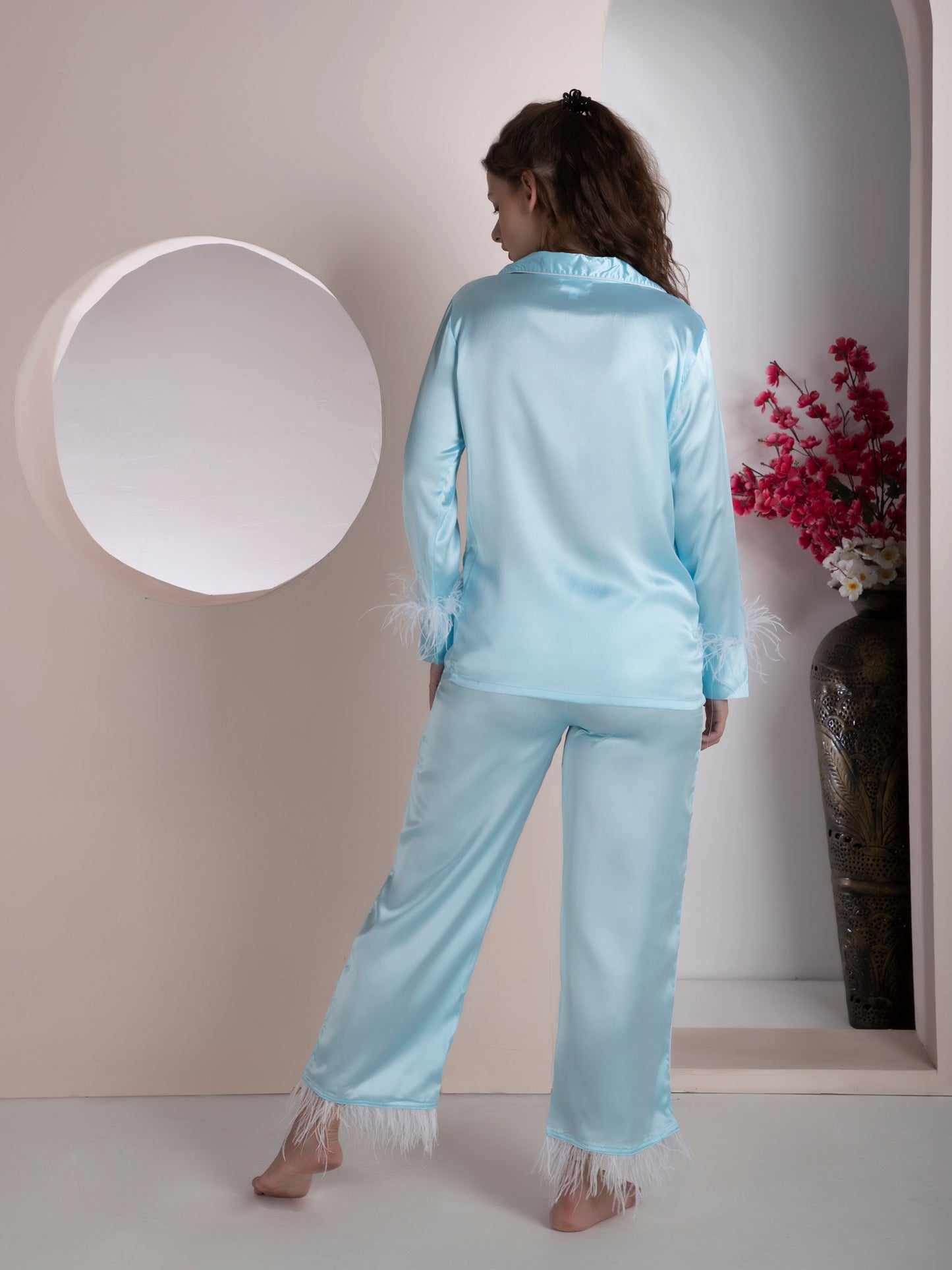 Luxe Satin Ostrich Feather Powder Blue Set