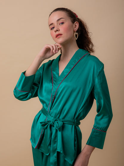 Luxe Satin Emerald Robe Set with Contrast Piping