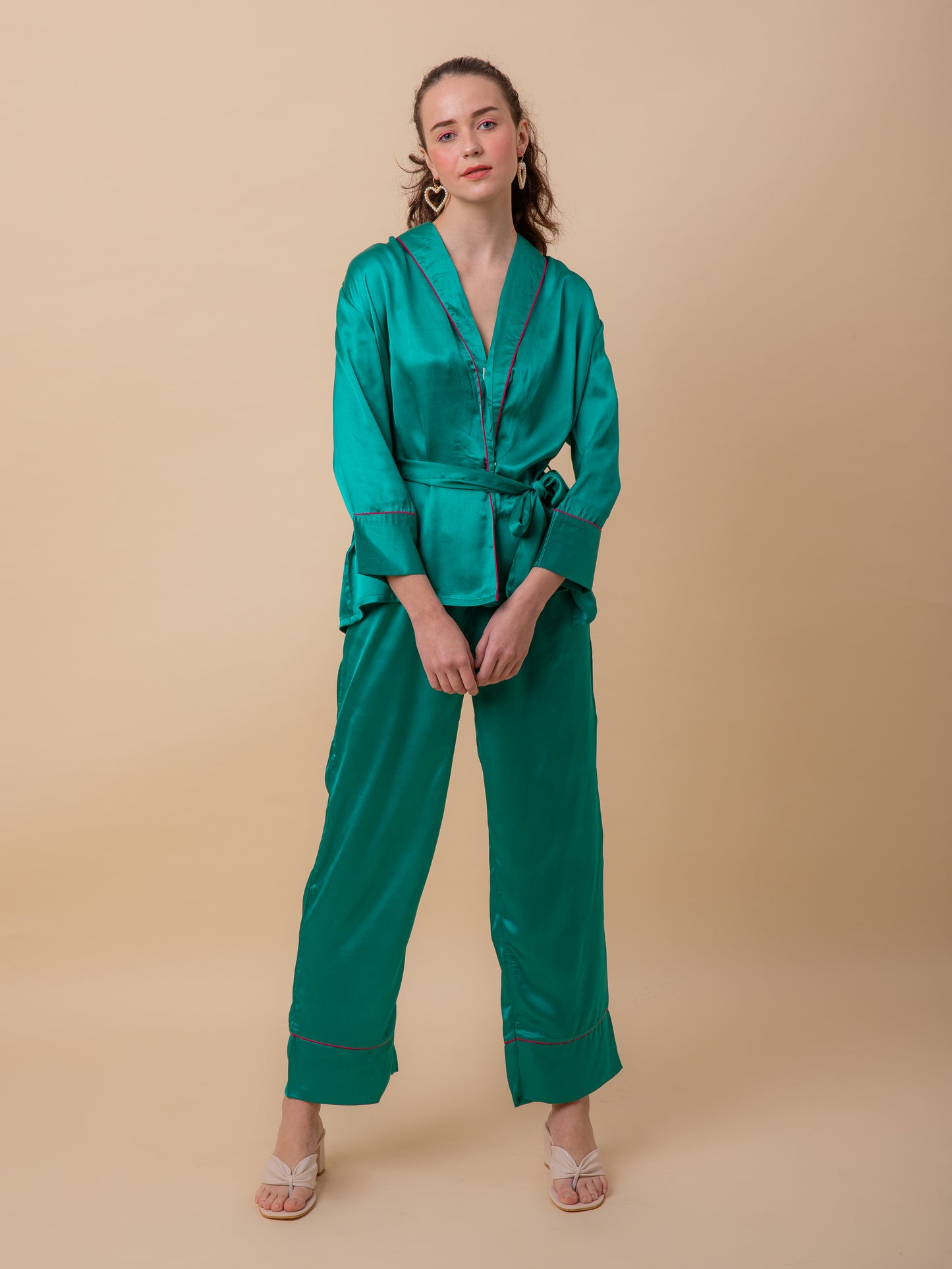 Luxe Satin Emerald Robe Set with Contrast Piping