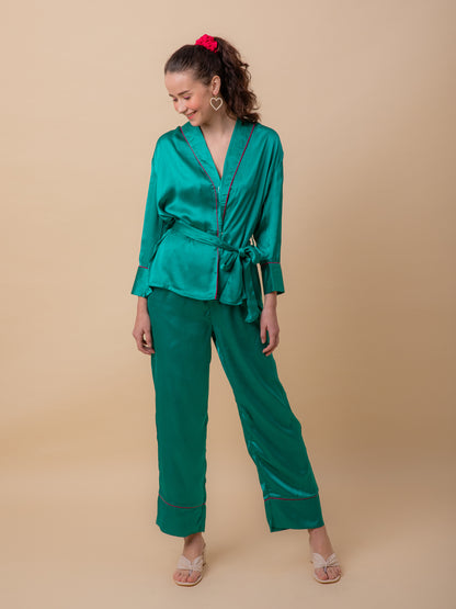 Luxe Satin Emerald Robe Set with Contrast Piping