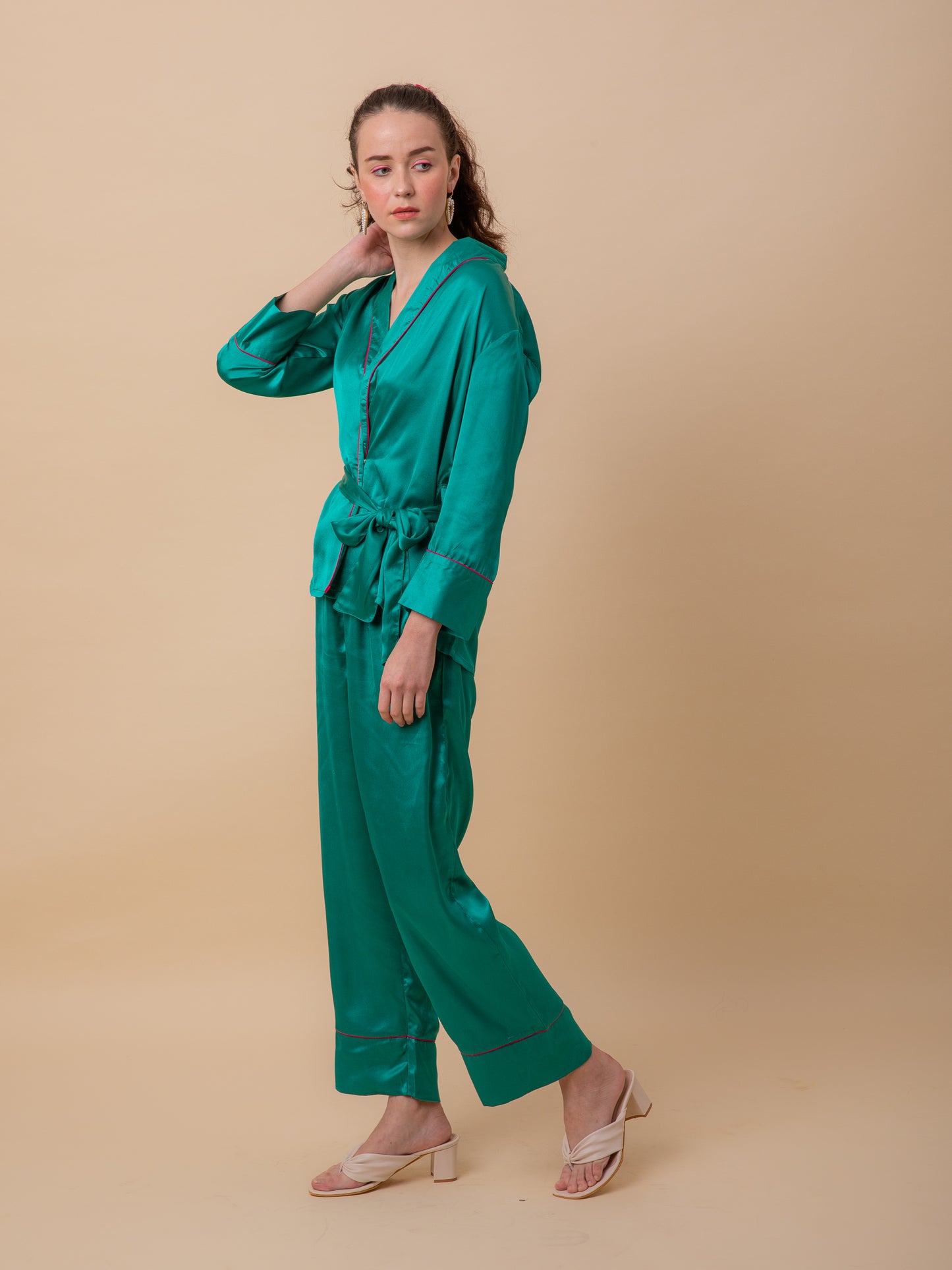 Luxe Satin Emerald Robe Set with Contrast Piping