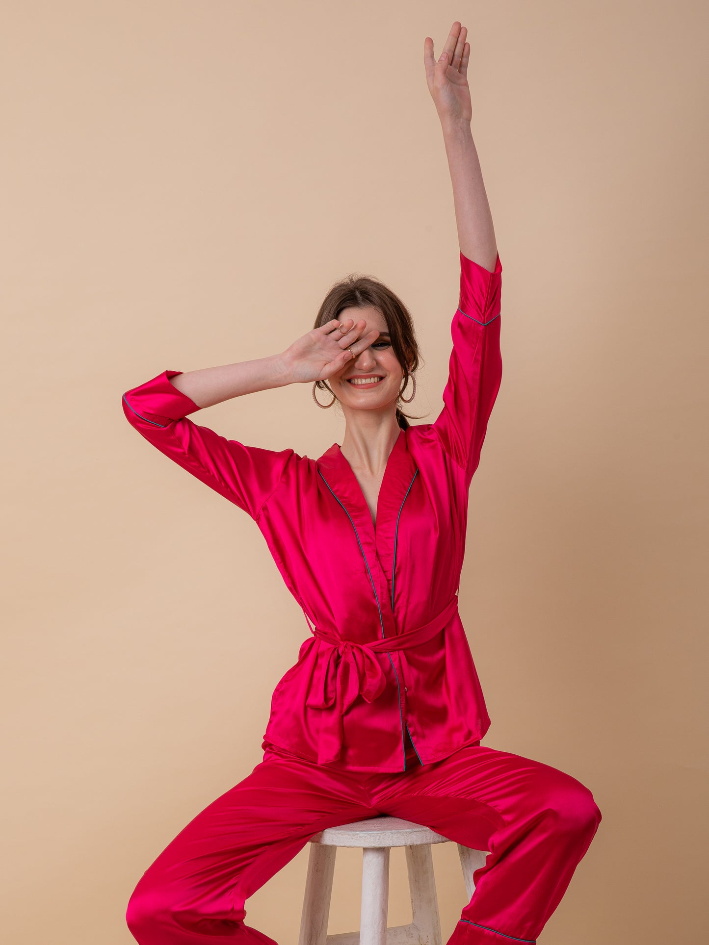 Luxe Satin Pink Robe Set with Contrast Piping