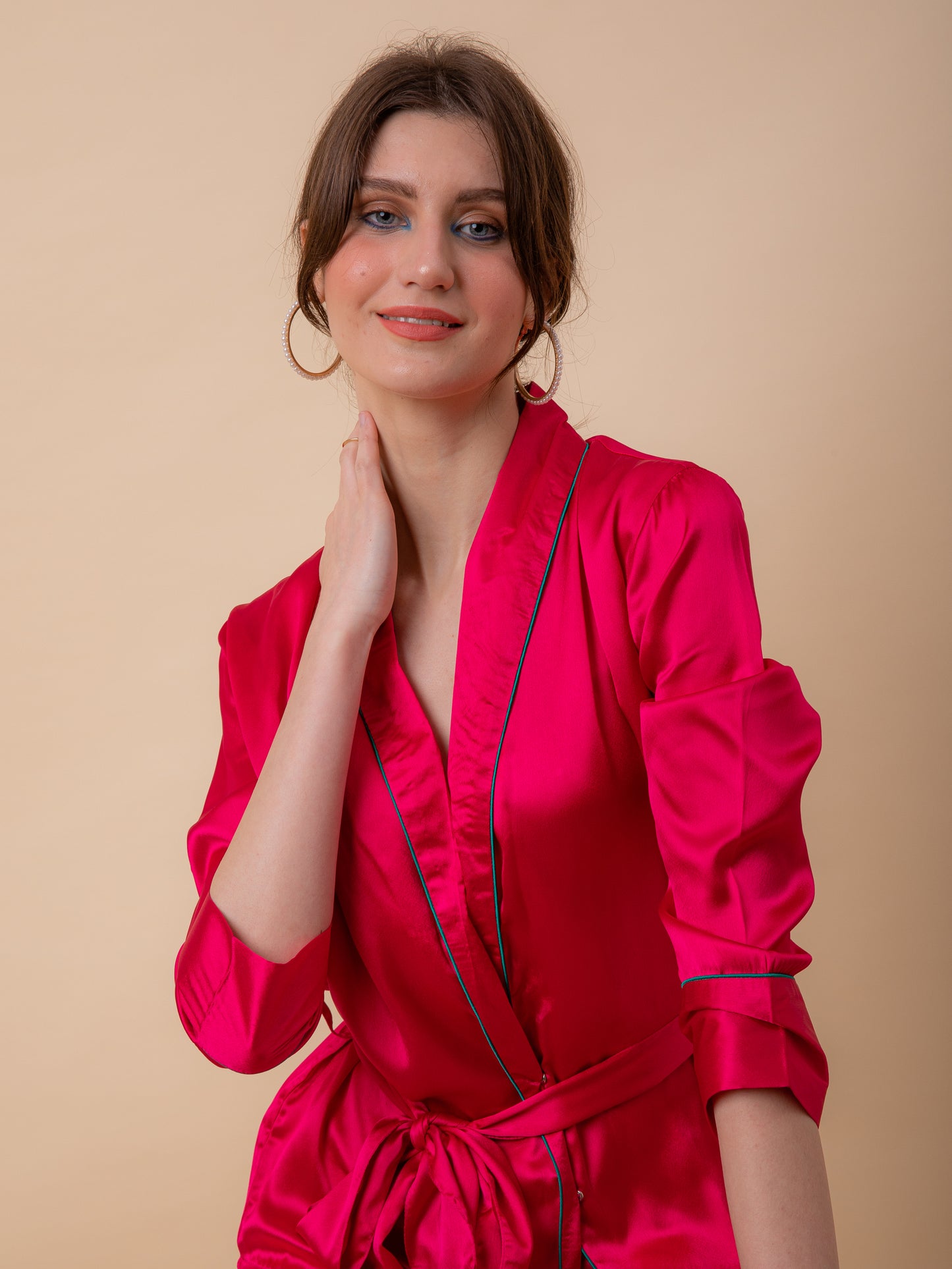 Luxe Satin Pink Robe Set with Contrast Piping