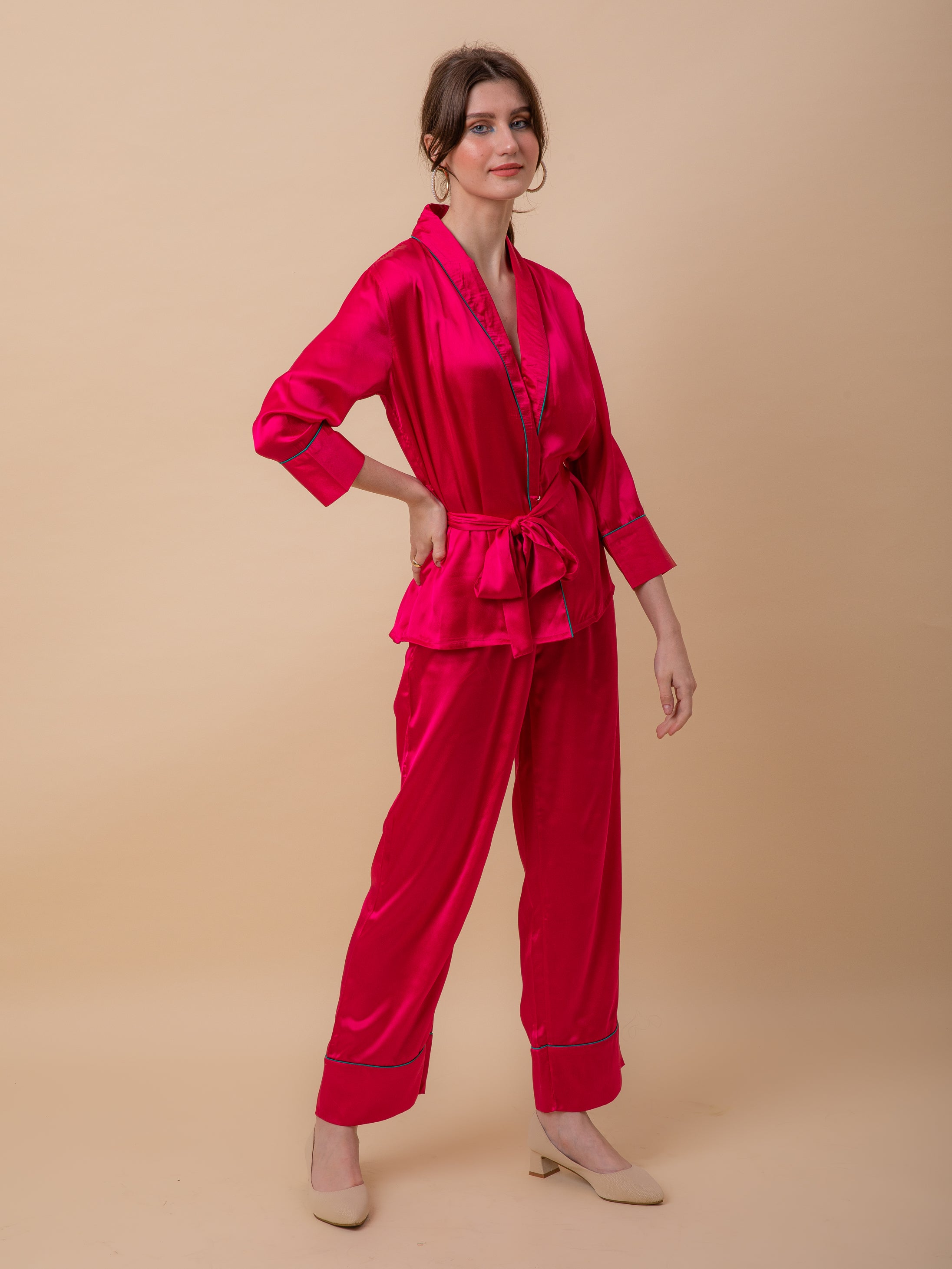 Luxe Satin Pink Robe Set with Contrast Piping – Ezme Studio