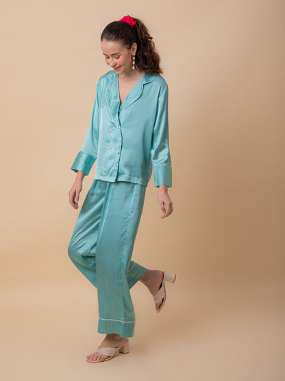 Luxe Satin Tux Set in Sea Green