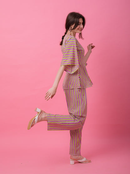 Multicolor Yellow Pink Peplum Stripe Set