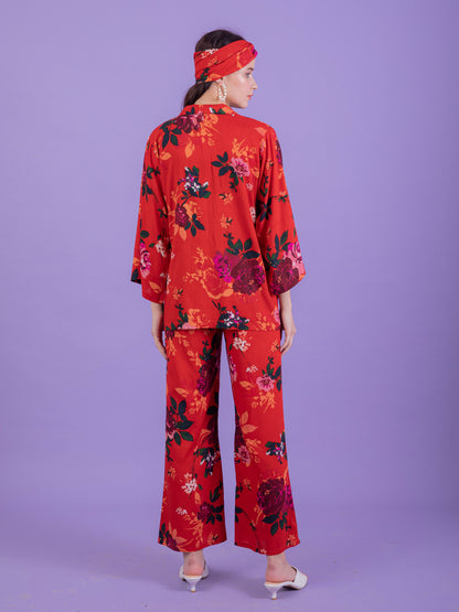 Red Floral Kimono Camisole Set