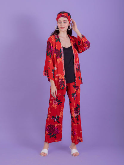 Red Floral Kimono Camisole Set