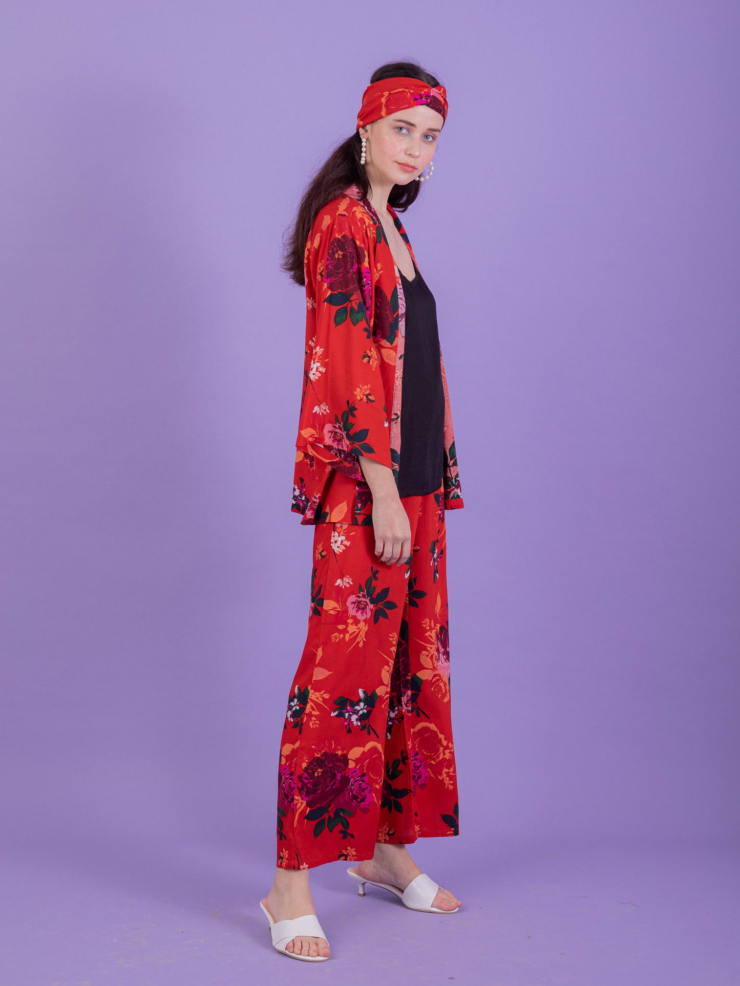 Red Floral Kimono Camisole Set